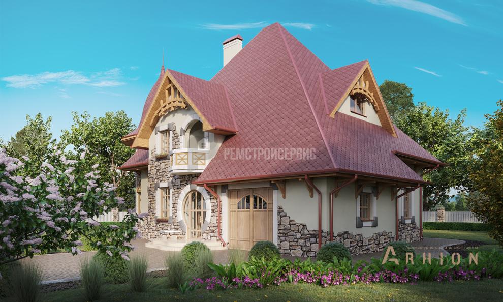 3. Проект одноэтажного дома в замковом стиле с многоскатной кровлей, t-50-01, площадью - 182 кв c мансардой, терассой, балконом, гаражом, эркером